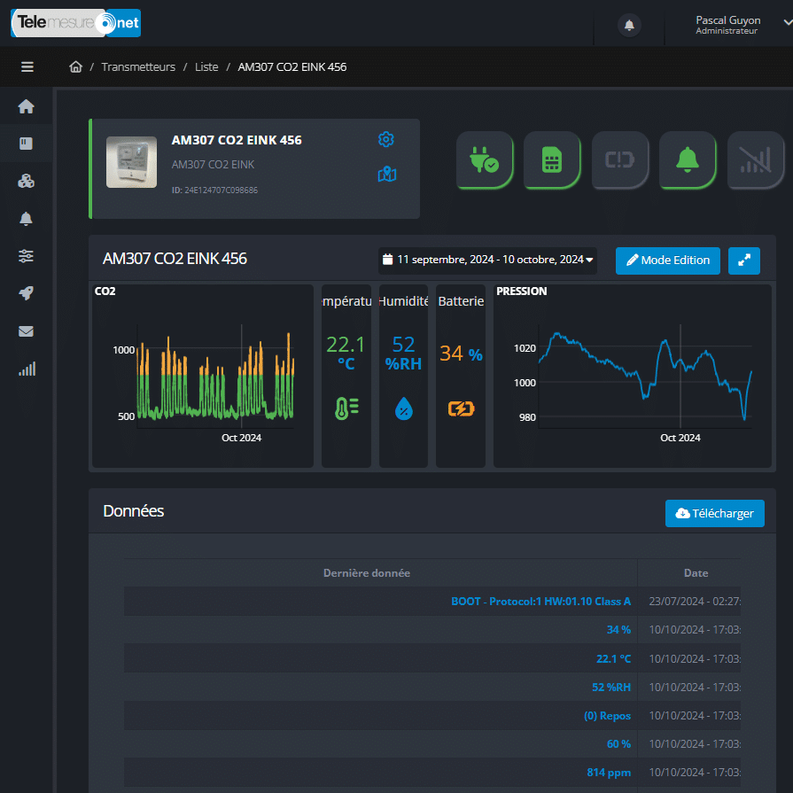 Capture d'écran de la plateforme d'hypervision Telemesure.net montrant une interface utilisateur intuitive avec des fonctionnalités de gestion en temps réel des données IoT, intégration d'alertes et de notifications.