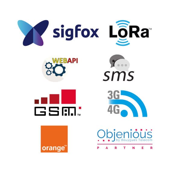 Logos des partenaires réseau de la plateforme d'hypervision Telemesure.net, incluant Sigfox, LoRa, GSM, et Orange, illustrant l'offre multi-réseau pour une gestion simplifiée et sécurisée des objets connectés IoT.